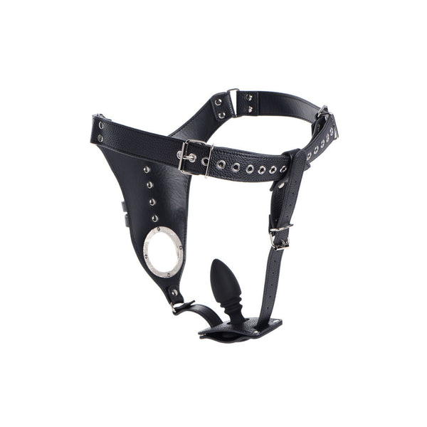 XR Leather Chastity Harness with Removable Silicone Anal Plug – black strap harness with plug