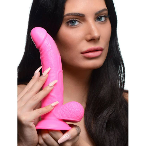XR POP 7.5 Inch Realistic Suction Cup Dildo with Balls – bright pink veined dildo