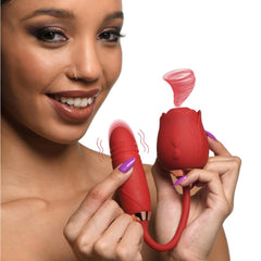 XR Romping Rose Suction Vibrator with Thrusting Egg – red silicone rose toy with attached slim egg