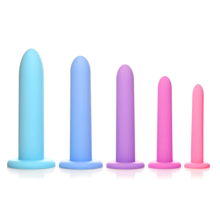 XR Silicone Pelvic Trainer Set with Suction Bases – 5 Sizes – five graduated silicone pelvic trainers on suction cups, pink, purple and blue