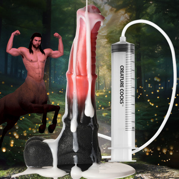 Creature Cocks Centaur Explosion Squirting Silicone Dildo – peach and black ribbed fantasy dildo with syringe and hose