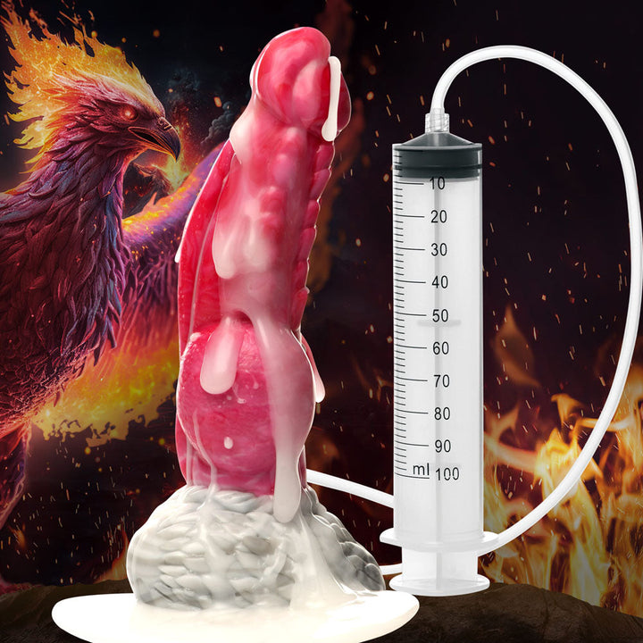 Creature Cocks Resurrector Phoenix Squirting Silicone Dildo – red textured fantasy dildo with white base, syringe and hose