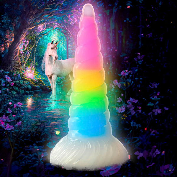 Creature Cocks Uni-Glow Glow-in-the-Dark Unicorn Silicone Dildo – clear spiral horn with rainbow core