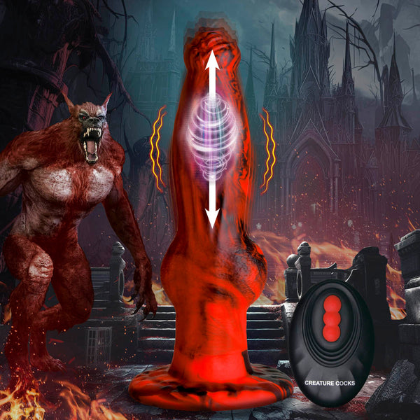 Creature Cocks Hell Wolf Thrusting Vibrating Silicone Dildo – red shaft with knot on black suction base