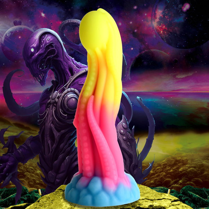 Creature Cocks Tenta-Glow Silicone Dildo – blue, pink and yellow tentacle dildo with egg-shaped tip