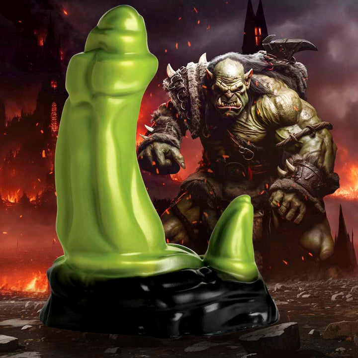 Creature Cocks Orc Silicone Fantasy Dildo with Clitoral Horn – green shaft on a black suction base with horn