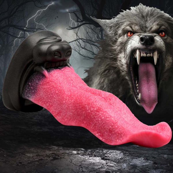 Creature Cocks Wolf's Lick Wolf Tongue Silicone Dildo – pink wavy tongue from a black wolf muzzle base