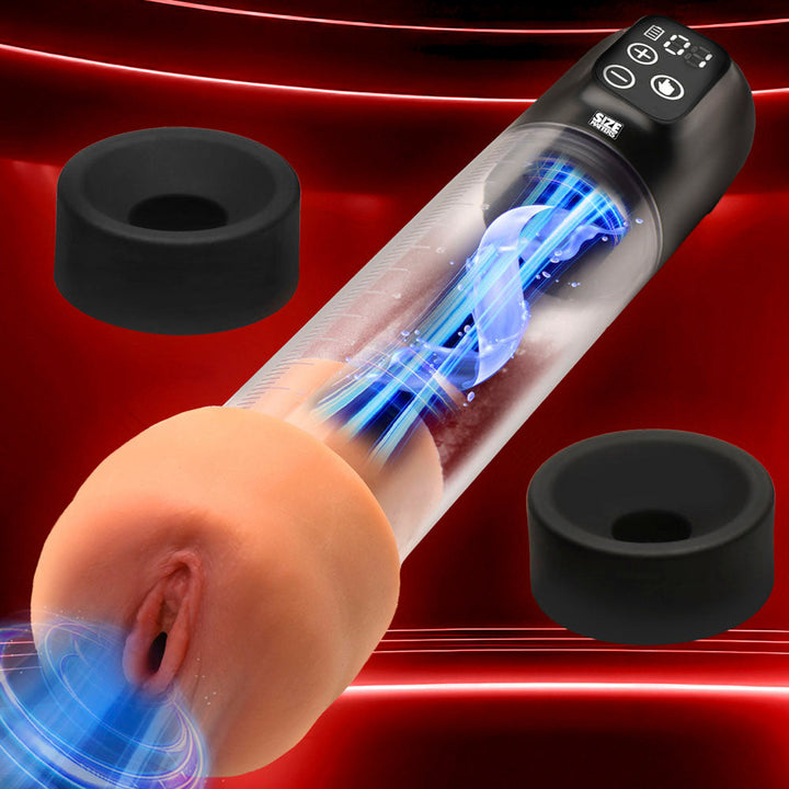 XR 5X Sucking Penis Pump with Stroker Sleeve – black and clear electric pump with sleeves