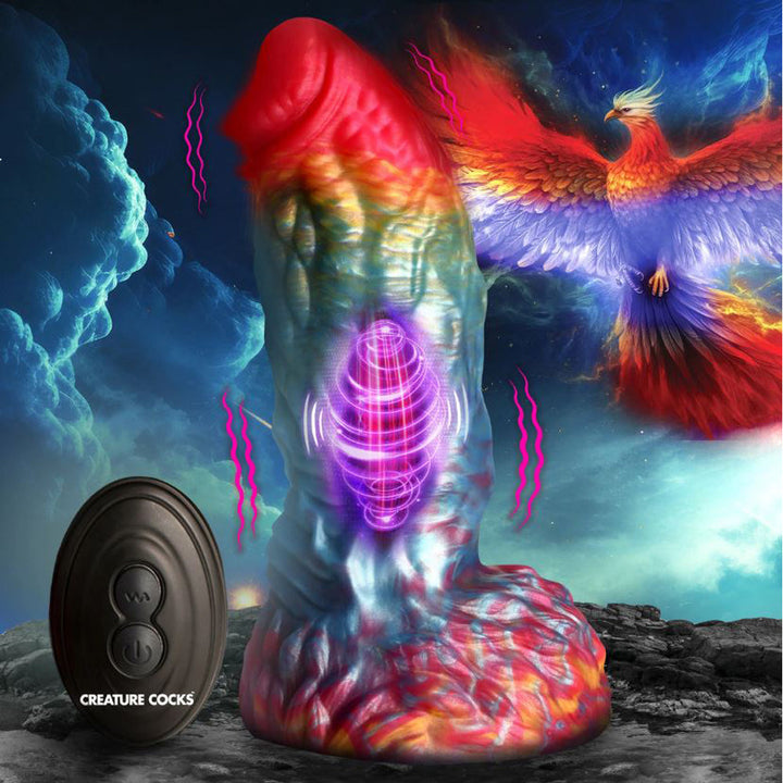Creature Cocks Rainbow Phoenix Vibrating Silicone Dildo with Remote – iridescent rainbow fantasy dildo with textured shaft and remote