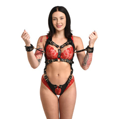 Master Series Crotchless Body Harness with Wrist Cuffs – black vegan leather with gold-tone hardware