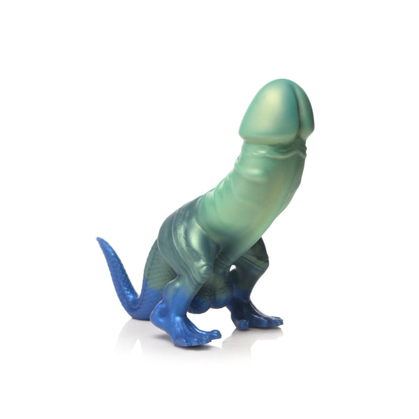 Creature Cocks Jurassic Cock Dinosaur Silicone Dildo – glittery blue, purple and teal with dinosaur legs at the base