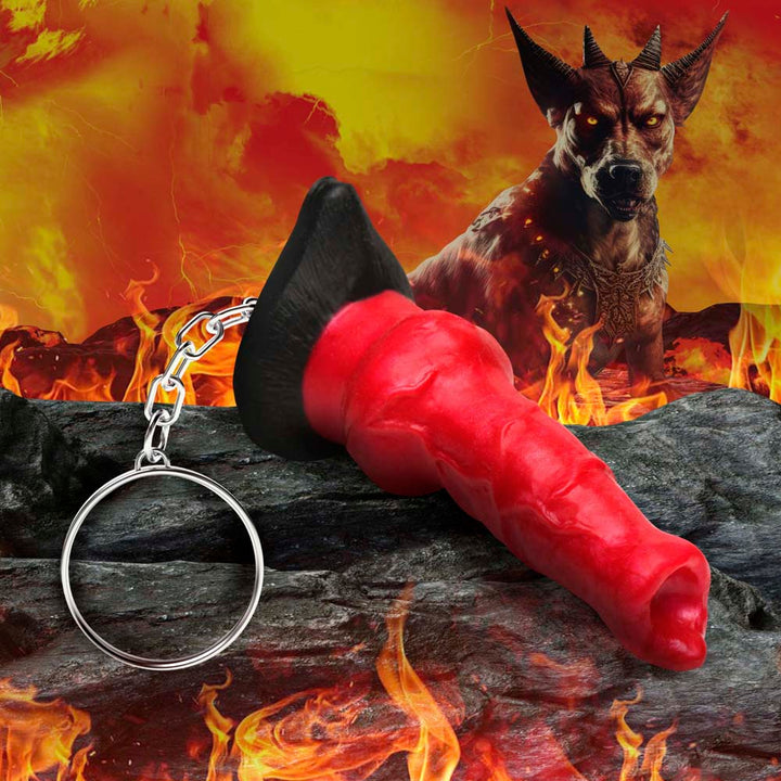 Creature Cocks Hell-Hound Mini Silicone Keychain – red knotted mini dong on a black base with metal ring