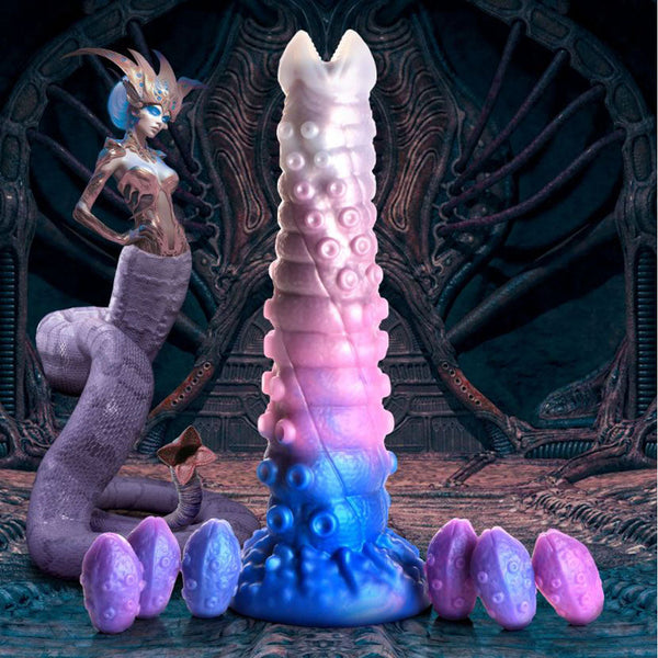 Creature Cocks Tenta-Queen Ovipositor Dildo with Eggs – blue, pink and white tentacle with purple and blue eggs