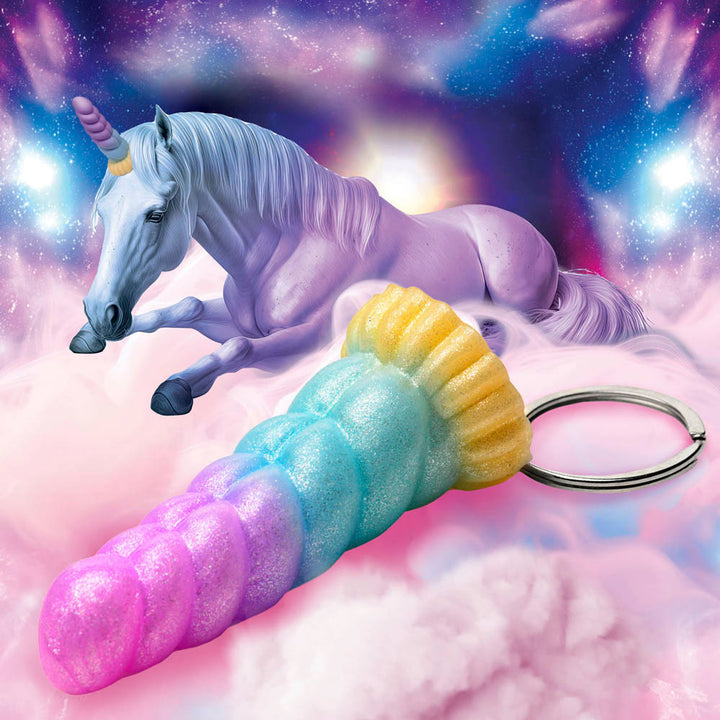 Creature Cocks Mystique Unicorn Novelty Keychain – pastel purple, blue and orange mini silicone charm