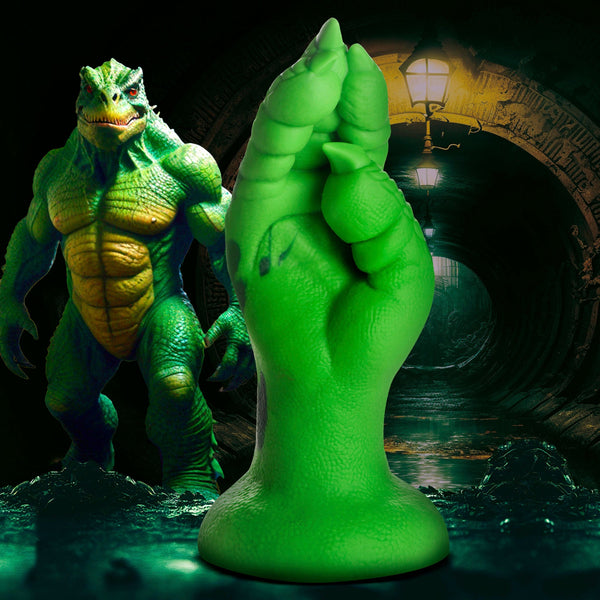 Creature Cocks Raptor Claw Fisting Silicone Dildo – green scaled reptile hand with claws on a suction cup base