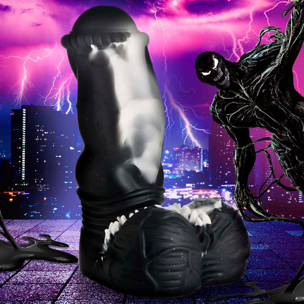 Creature Cocks Venom Thick Silicone Dildo with Suction Cup – black and white fantasy dildo with beaded head