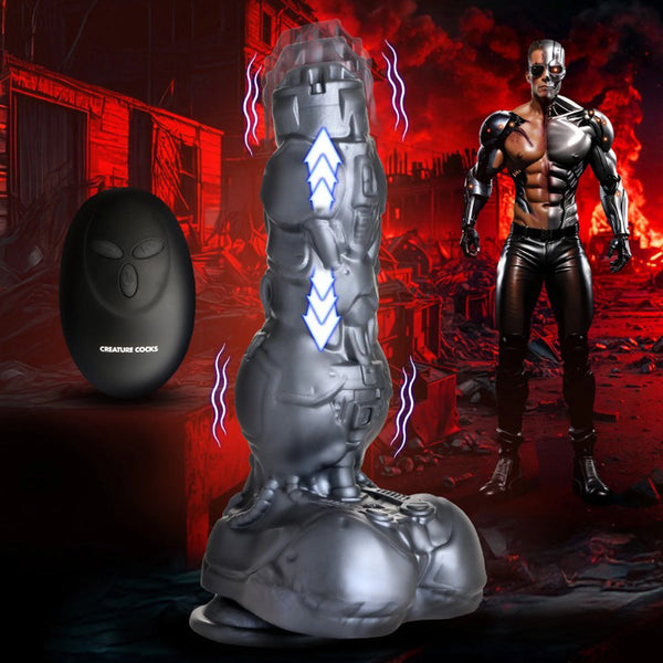XR Cyborg Cock Thrusting Vibrating Dildo with Remote – silver sci-fi silicone dildo with sculpted panels