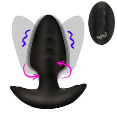 XR Rotating Vibrating Silicone Butt Plug with Remote – black ribbed silicone plug with curved base and remote