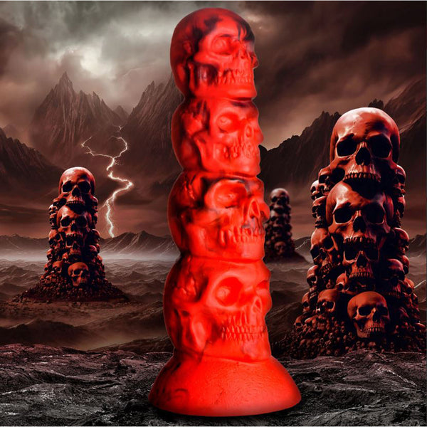 Creature Cocks Doom Skull Tower Silicone Dildo – red and black dildo of four stacked skulls on suction base