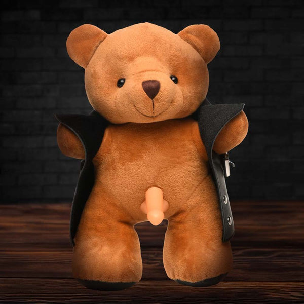 XR The Flasher Exhibitionist Teddy Bear – brown plush bear in black vegan leather jacket