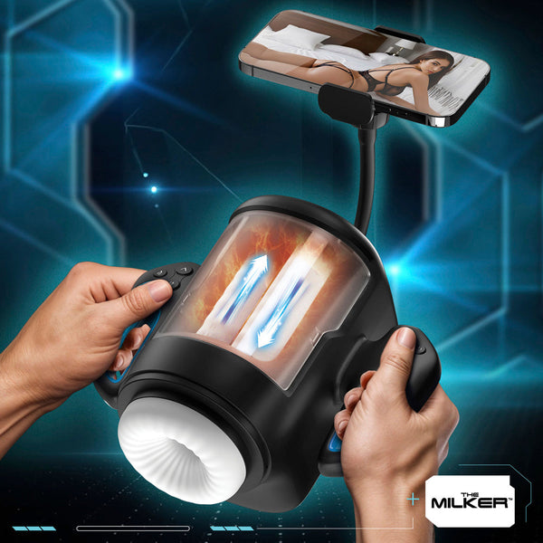 XR Cyber Milker Heated Vibrating Stroker with Phone Mount – automatic male masturbator in black, white and blue