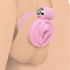 Master Series Pussification Chastity Cage – pink plastic cock cage with vulva-shaped cap and base ring