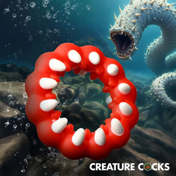 XR Fangs Silicone Cock Ring – red silicone ring with white fangs