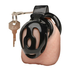 Master Series Hard Stop Double Ring Chastity Cage – black plastic chastity cage with rings and keys