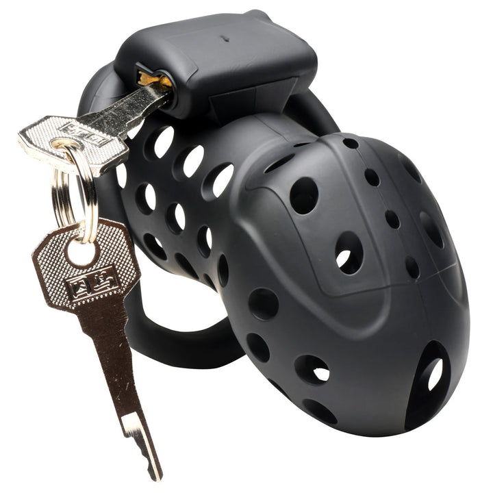 XR Lock Down Locking Chastity Cage – black vented cage with four base rings and keys