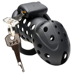 XR Lock Down Locking Chastity Cage – black vented cage with four base rings and keys