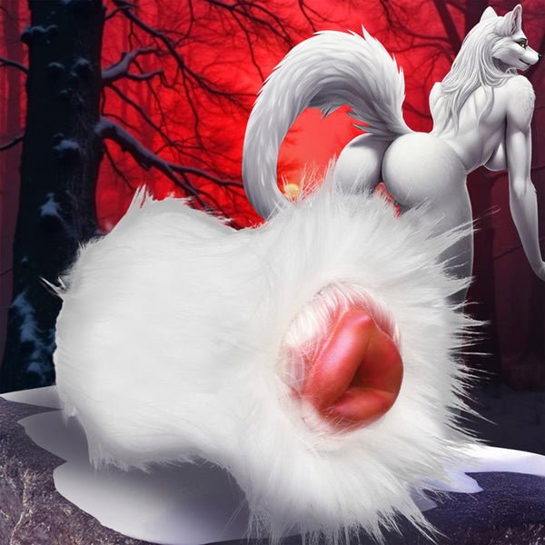 Creature Cocks Snow She-Wolf Silicone Stroker with Fur Cover – wolf-themed silicone stroker with white faux-fur cover