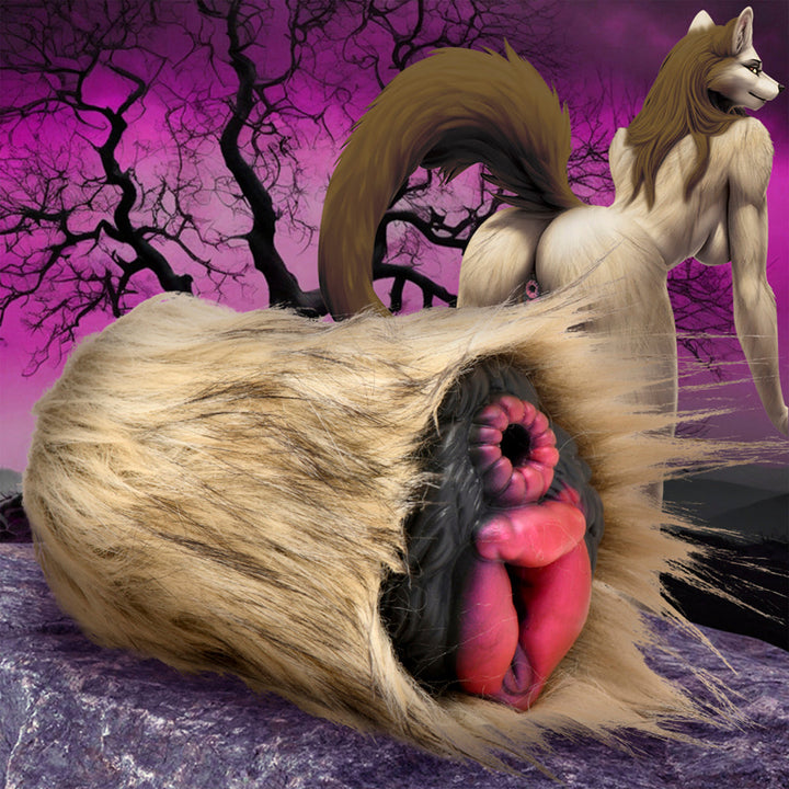 Creature Cocks Savage She-Wolf Silicone Stroker with Fur Cover – brown and black furry wolf stroker with two openings