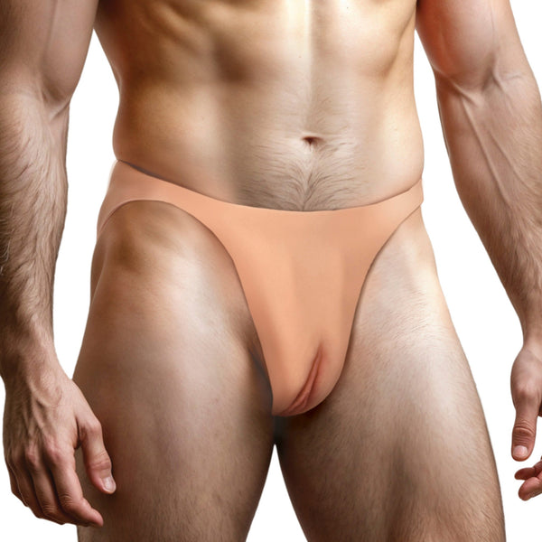 Master Series Pussy Strap Silicone Vulva Jockstrap – light skin-tone silicone vulva on jockstrap-style straps