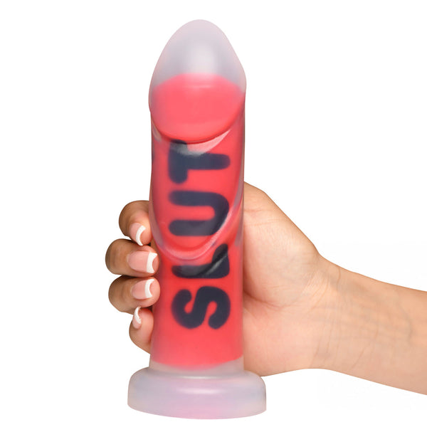 XR SLUT Ribbed Silicone Dildo with Suction Cup – Red/Black – red ribbed silicone dildo printed with the word SLUT