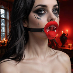 XR Vampire Vibrating Silicone Mouth Gag – red lips with white fangs on a black adjustable strap