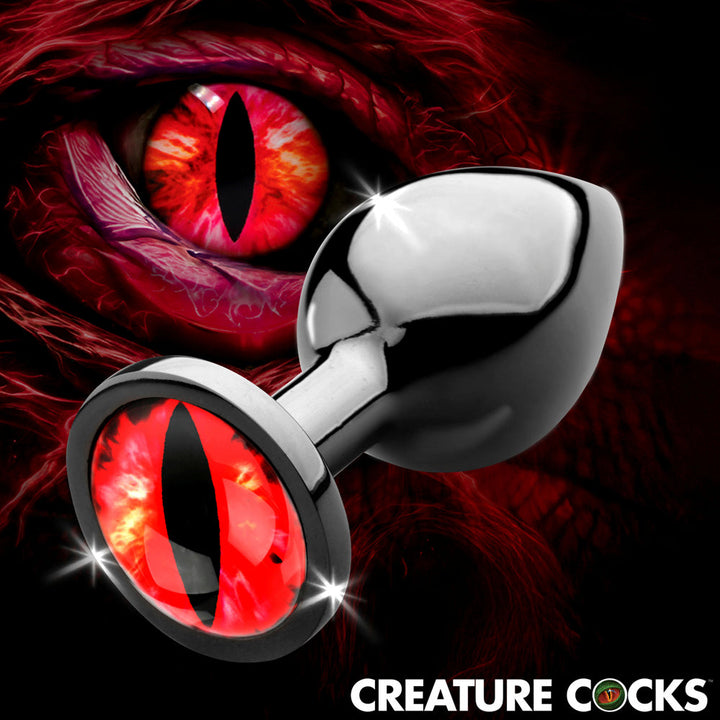 Creature Cocks Sinister Eye Metal Butt Plug – Red Eye, Medium – metal butt plug with a red glass eye in a black base