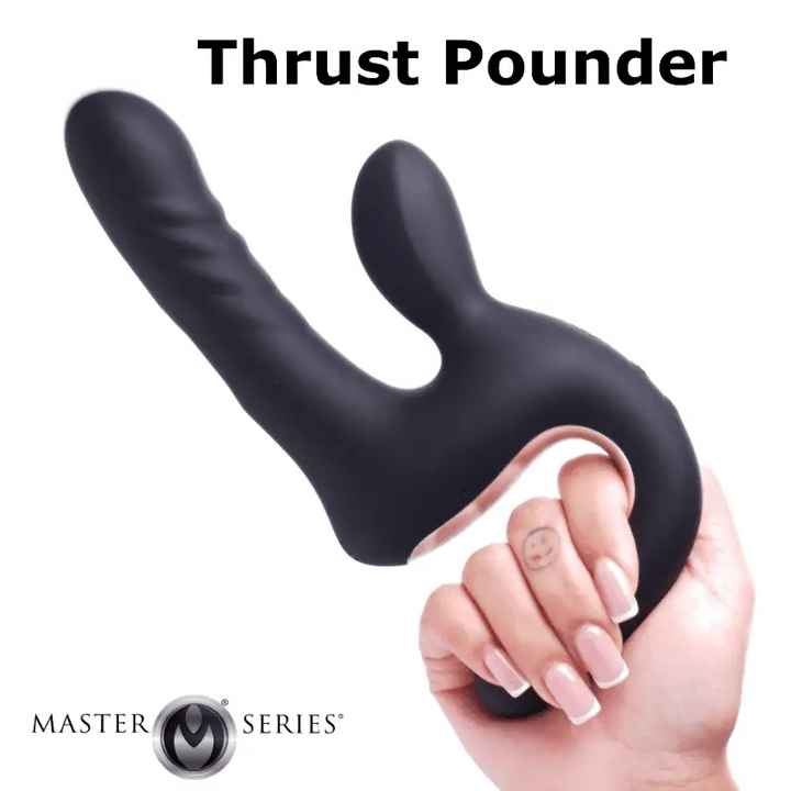 Master Series Thrust Pounder Thrusting Rabbit Vibrator – black silicone thrusting vibrator with flexible arm
