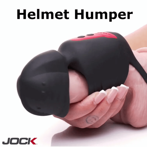 Jock Helmet Humper Gyrating Vibrating Silicone Stroker – black hands-free stroker with base ring