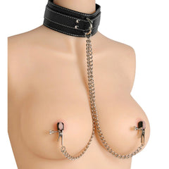 Master Series Coveted Leather Collar with Nipple Clamps – black leather collar with chains to silver clamps