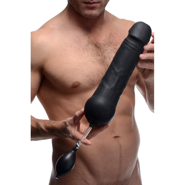 XR Tom of Finland Inflatable Silicone Dildo – black textured silicone dildo with squeeze bulb pump