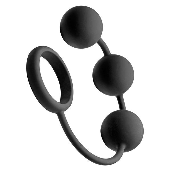 XR Tom of Finland Cock Ring with 3 Weighted Anal Balls – black silicone ring and three heavy balls on a cord