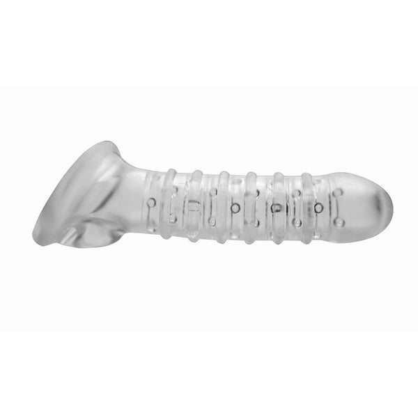 XR Tom of Finland Textured Penis Sleeve with Ball Strap – clear ribbed TPR sleeve