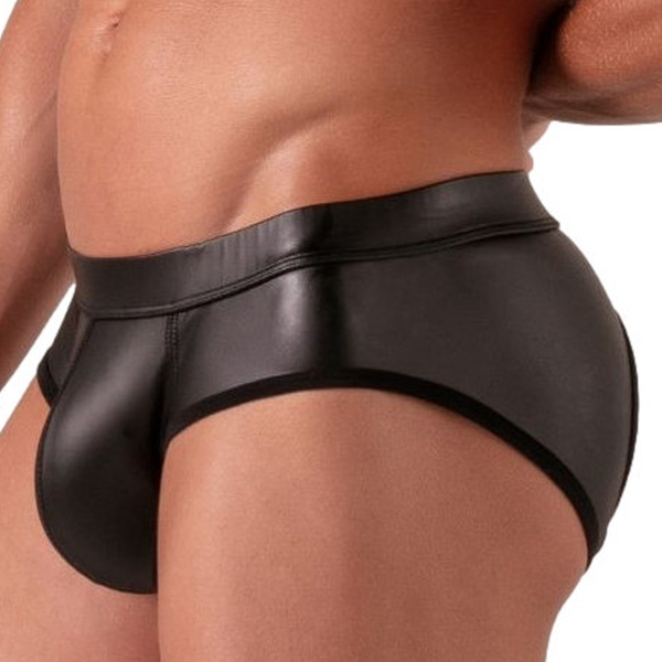 Absolu Male Master Backless Briefs in black faux-leather, side profile view