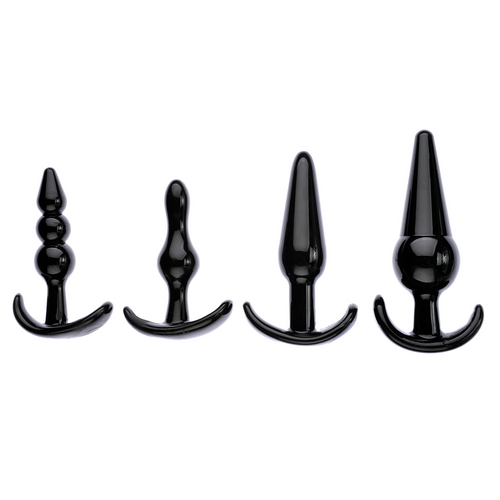 Adam & Eve 4-Piece Anal Plug Kit in black, four shapes displayed by ascending size