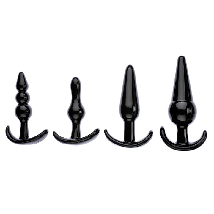 Adam & Eve 4-Piece Anal Plug Kit in black, four shapes displayed by ascending size