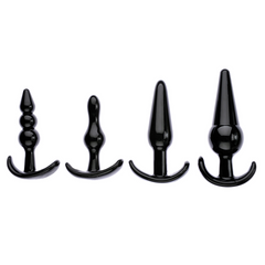 Adam & Eve 4-Piece Anal Plug Kit in black, four shapes displayed by ascending size