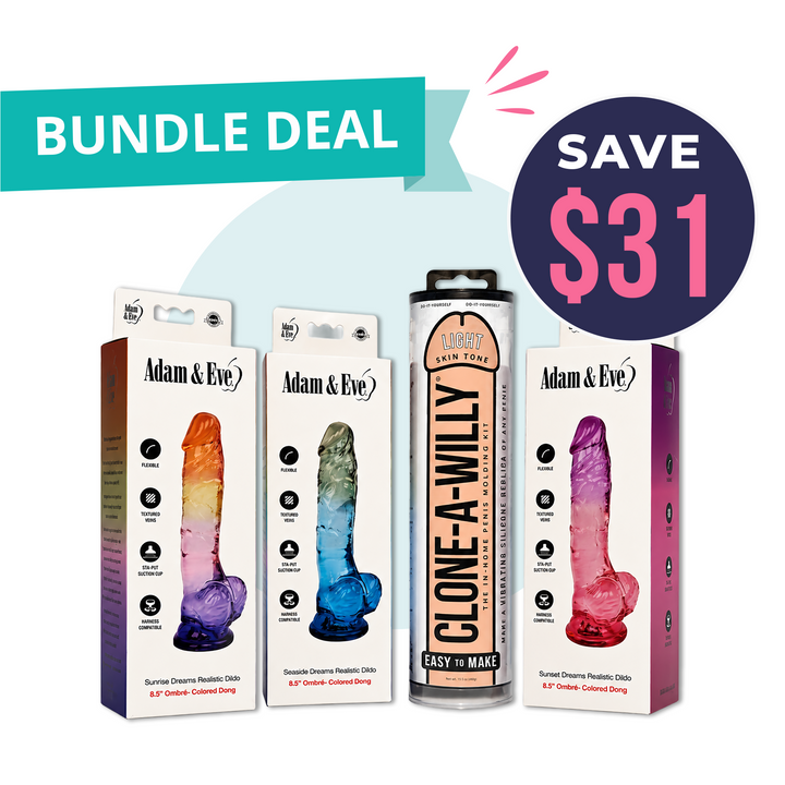 Adam & Eve Dreams Realistic Dildo and Clone-A-Willy bundle featuring four colorful flexible dildos