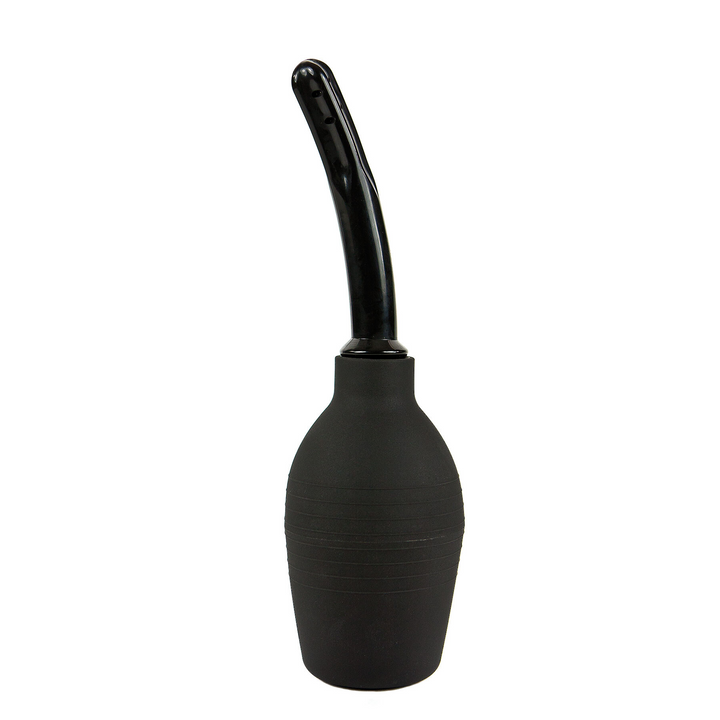 Adam & Eve EZ Anal Douche in matte black silicone with curved flexible nozzle tip