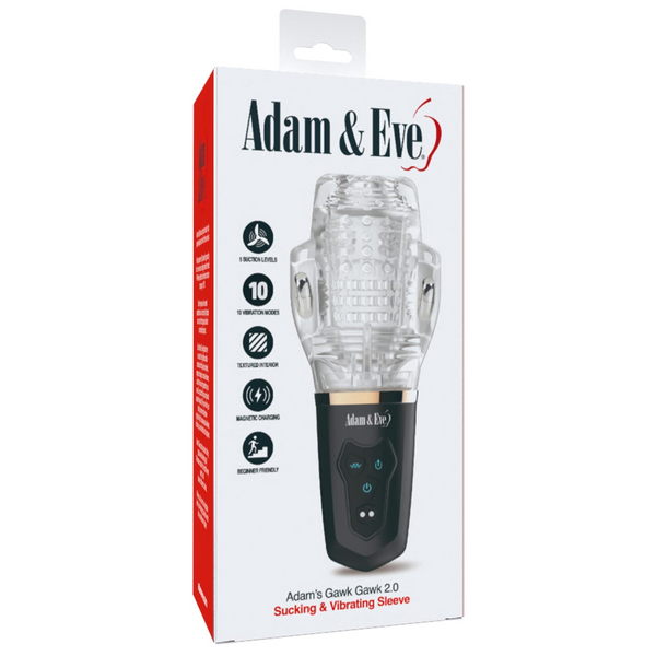 Adam & Eve Gawk Gawk 2.0 retail box showing 9 suction levels and 10 vibration modes listed