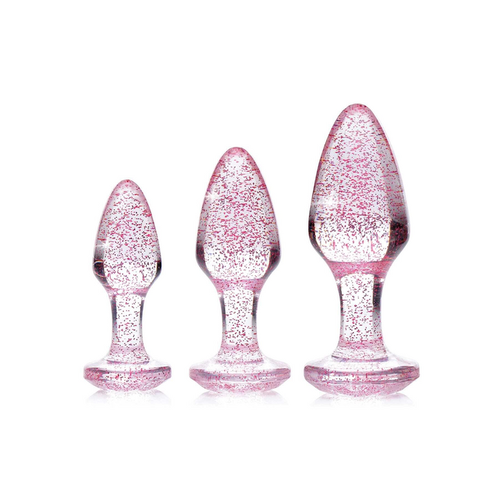 Adam & Eve Glitter Gem Butt Plug Set Pink – three graduated clear glass plugs with pink glitter